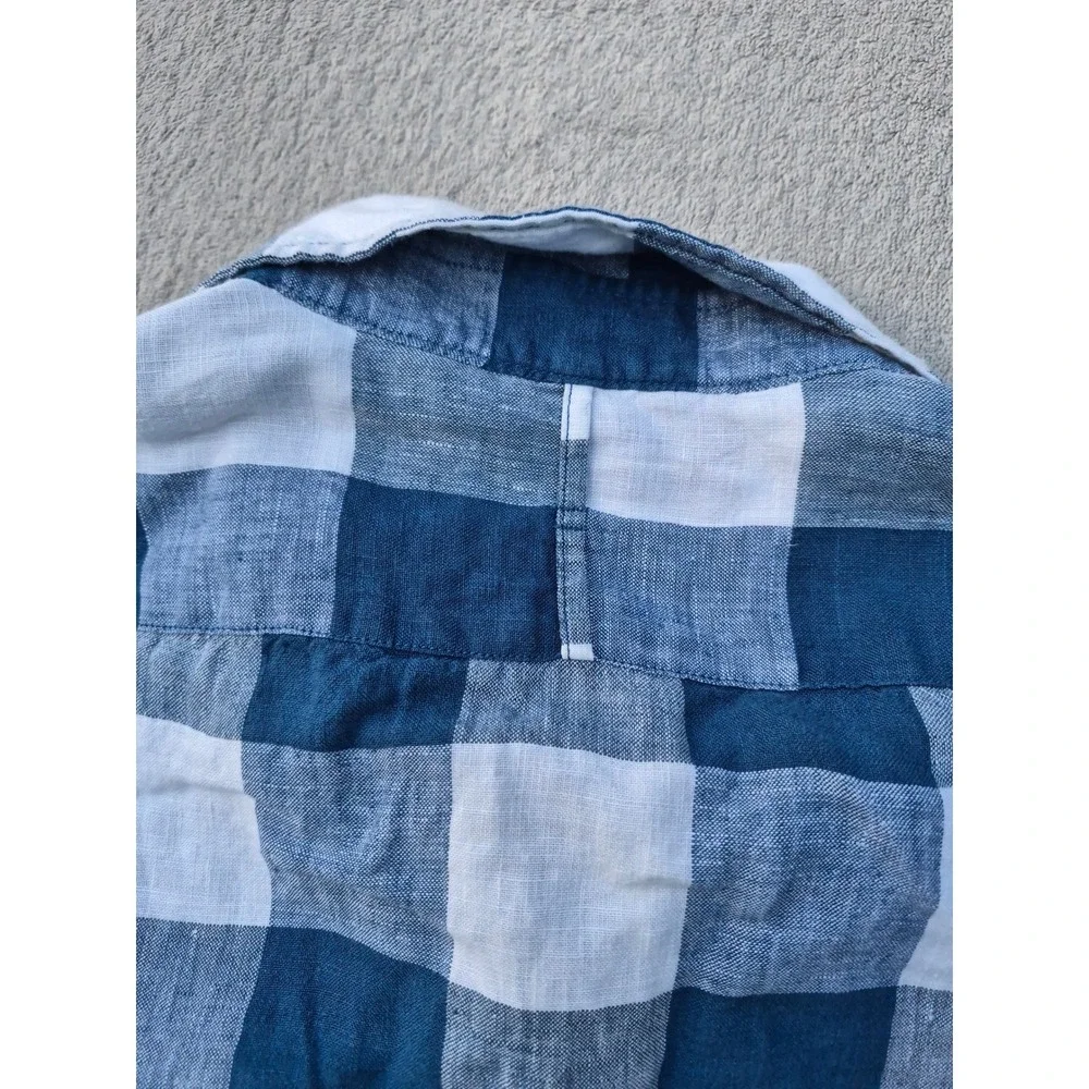 Banana Republic Mens Camden Fit 100% Linen Blue White Buffalo Check Shirt L Tall